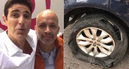 Reynaldo Gianecchini mostra pneu em frangalhos e posa com Alex Sena, que o ajudou com o reparo - Foto: Reprodução/ Instagram