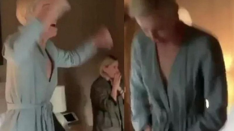 Charlize Theron se empolga ao comemorar indicação a prêmio e quase deixa roupão cair em vídeo - Foto: Reprodução/Instagram