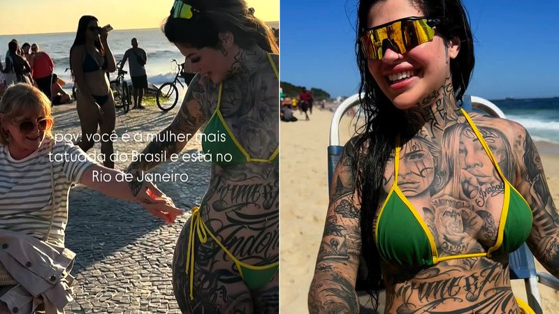 Leticia Desiree deixou turistas impressionados ao exibir corpo tatuado na praia - Foto: Reprodução/ Instagram@leticiadesiree