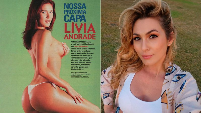 Lívia Andrade em anúncio de seu ensaio para a Playboy, feito há 21 anos, e em foto atual - Foto: Reprodução/ Instagram@insideplayboybrasil e @liviaandradereal