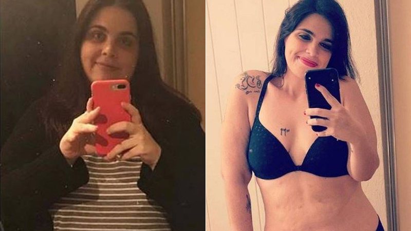 Manuela Pfeifer com 145,3 kg, e em foto atual, pesando 81,5 kg - Foto: Reprodução/ Instagram