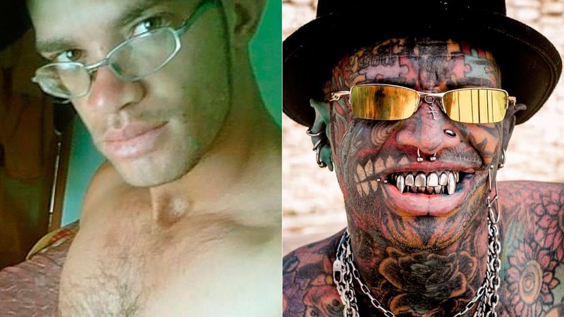 Marcelo antes e depois de tatuar 98% do corpo e fazer modificações - Foto: Reprodução/ Instagram@marcelobboytattoo