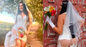 MC Rielle escolheu vestido de noiva que deixou seu bumbum à mostra - Foto: CO Assessoria