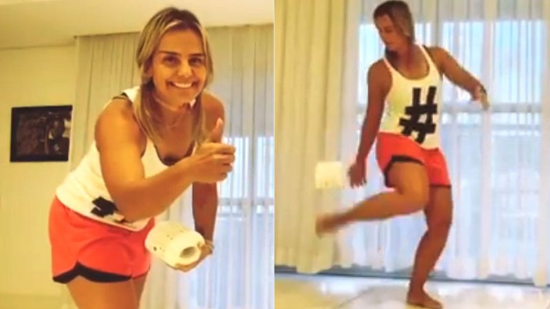 Milene Domingues demonstrou habilidade ao fazer embaixadas com um rolo de papel higiênico - Foto: Reprodução/ Instagram
