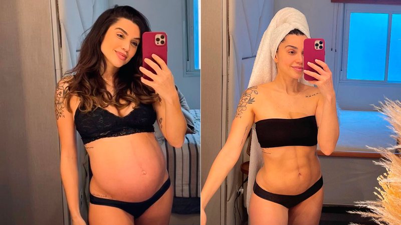 Paula Amorim durante a gravidez e quatro meses após o nascimento de Theo - Foto: Reprodução/ Instagram@paulaamorim