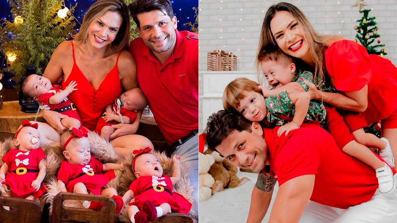 Mariana Mazelli e Jayme Reizen com os cinco filhos, nascidos em 2019 - Foto: Reprodução/ Instagram@quintuploscapixabas e @paulafreirefotografa