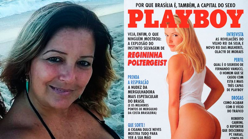 Regininha Poltergeist em foto atual e na capa da Playboy, em 1994 - Foto: Reprodução/ Instagram@regininha_real e Divulgação