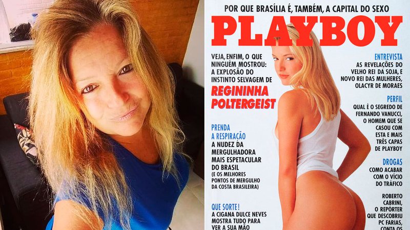 Regininha Poltergeist em foto atual e na capa da Playboy, em 1994 - Foto: Reprodução/ Instagram@regininha_real e Divulgação