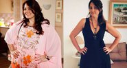Renata Celidônio em Aquele Beijo, e em foto mais atual, após a bariátrica - Foto: TV Globo/ Matheus Cabral e Instagram@renatacelidonio
