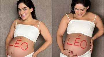 Sabrina Petraglia mostra a barriga pintada com o nome do novo filho - Foto: Reprodução/Instagram