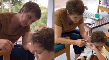 Sônia Bridi cortando o cabelo de seu neto, Valentim - Foto: Reprodução / Instagram @maribridicardoso
