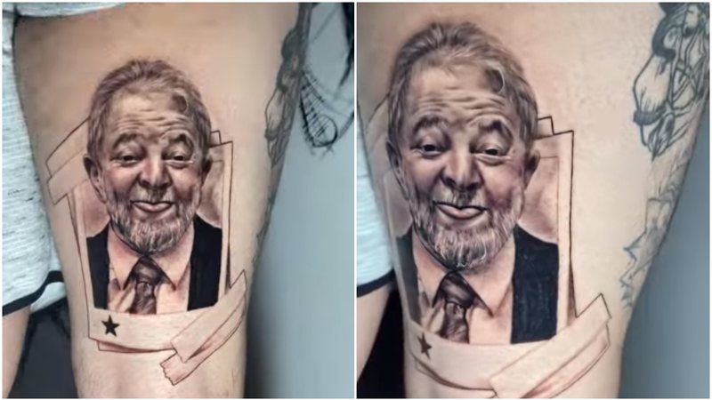 Túlio Pires tatuou uma das fotos mais conhecidas de Lula na perna - Foto: Reprodução / Instagram
