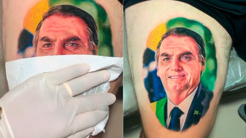Homem tatuou o rosto de Jair Bolsonaro na coxa - Foto: Reprodução/ Instagram@marcondesrodriguis