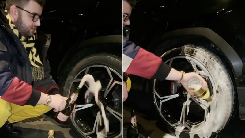 Victor Micula foi criticado por lavar roda de Lamborghini com champanhes - Foto: Reprodução/ TikTok@victormicula