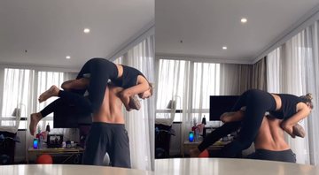 Yasmin e Gabriel focaram nos treinos e o surfista aproveitou para malhar com a modelo nas costas - Reprodução/Instagram