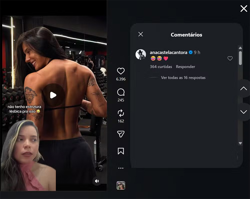 Ana Castela reagiu à cantada de fã após mostrar treino de costas - Foto: Reprodução/ Instagram@anacastelacantora