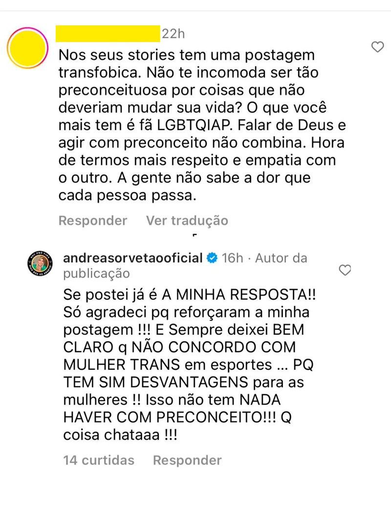 Andréa Sorvetão foi acusada de transfobia nas redes sociais