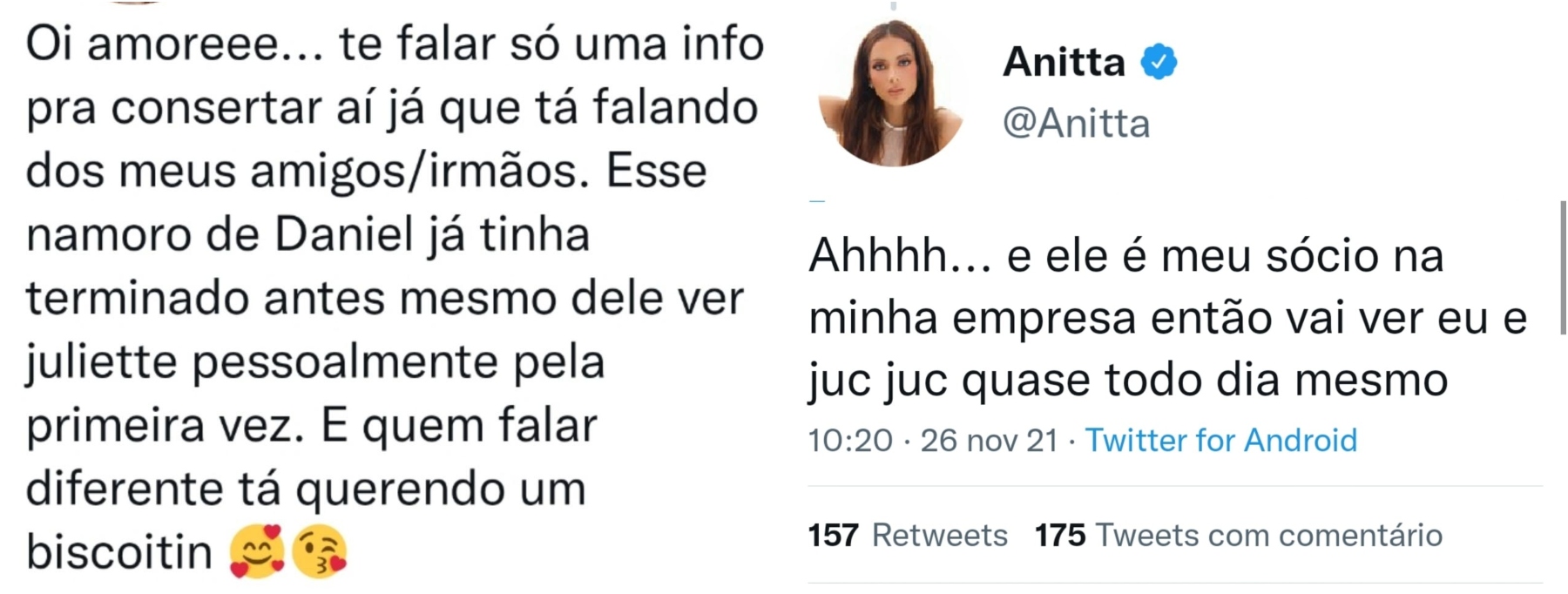 Anitta esclarece rumores sobre relação de seu sócio com Juliette - Foto: Reprodução/Twitter