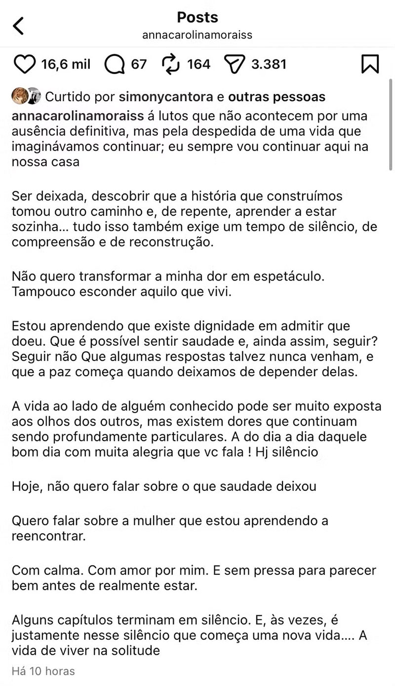 Anna Carolina Morais desabafou nas redes sociais ao falar sobre a separação - Foto: Reprodução/ Instagram@annacarolinamoraiss
