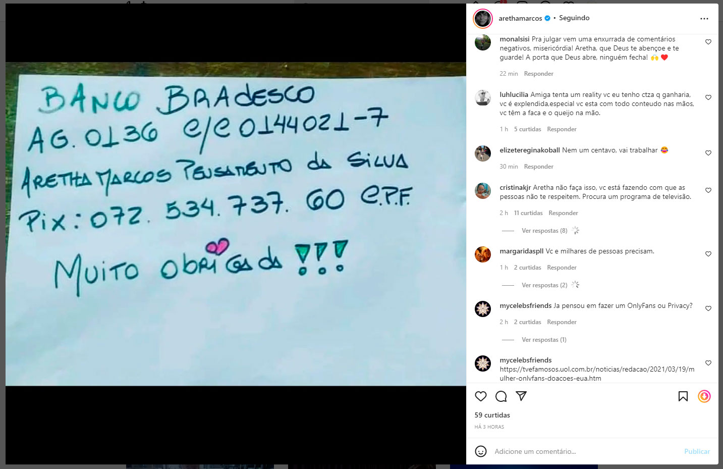 Aretha Marcos rebateu haters pedindo PIX para pagar as contas do mês - Foto: Reprodução/ Instagram@arethamarcos