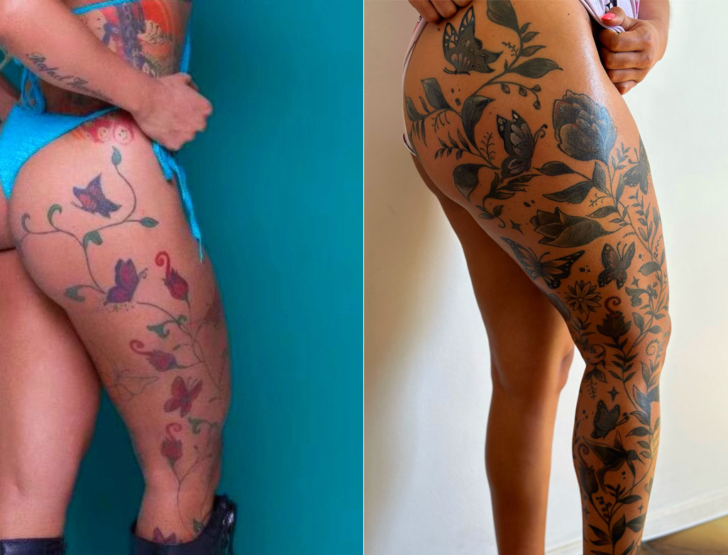 Bia Fernandes mostrou antes e depois de tatuagem gigante na perna