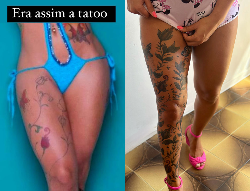 Bia Fernandes mostrou antes e depois de tatuagem gigante na perna - Foto: Arquivo pessoal/ Montagem CENAPOP