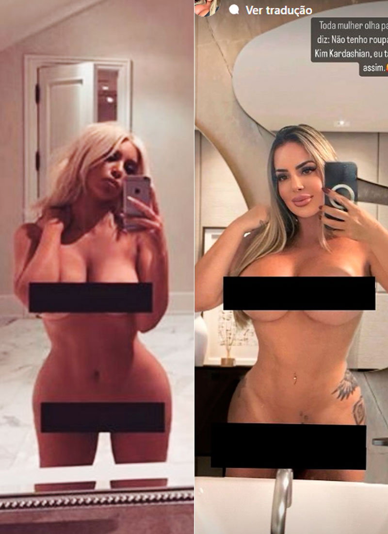Denise Rocha recriou foto icônica de Kim Kardashian - Foto: Reprodução/ Instagram@kimkardashian e @deniserocha.oficial