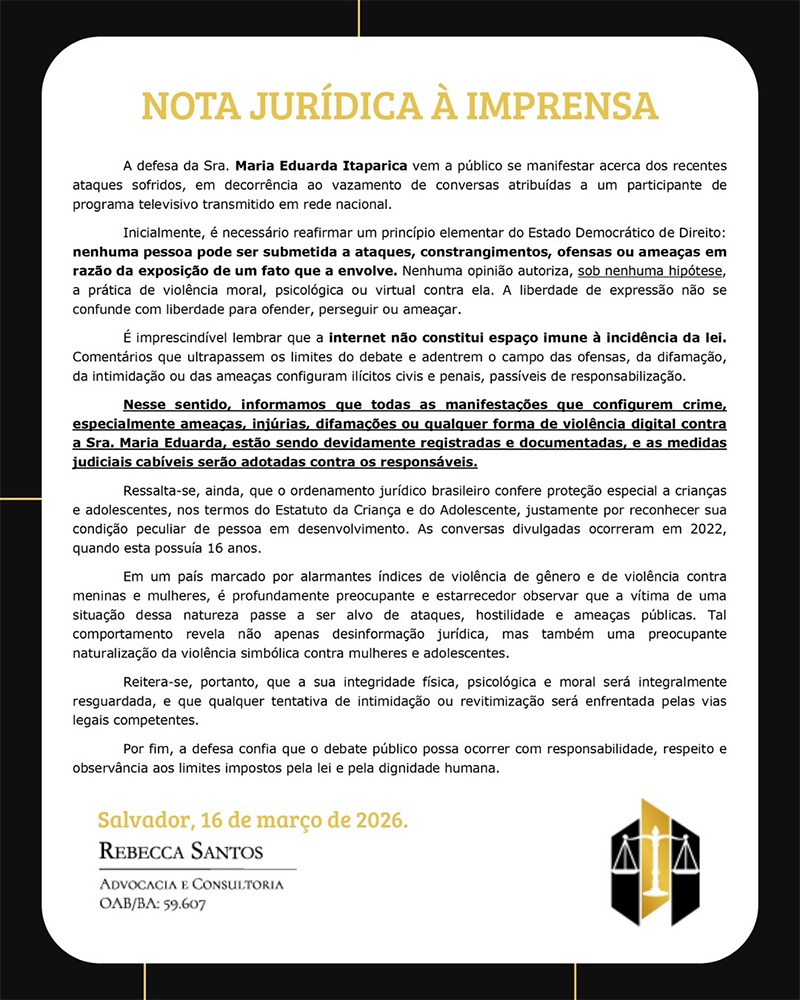 Duda Itaparica contratou advogados após receber ataques de ódio nas redes sociais
