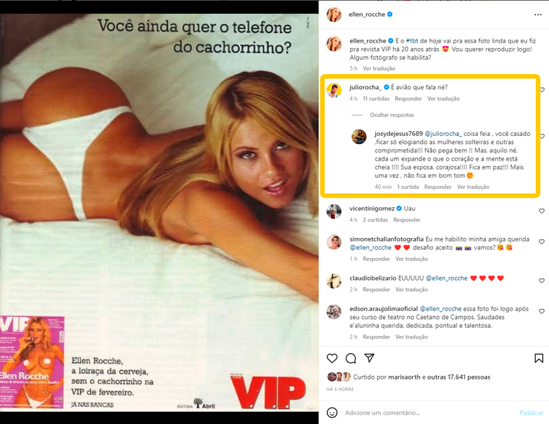 Júlio Rocha elogiou foto de Ellen Rocche e levou bronca de internauta