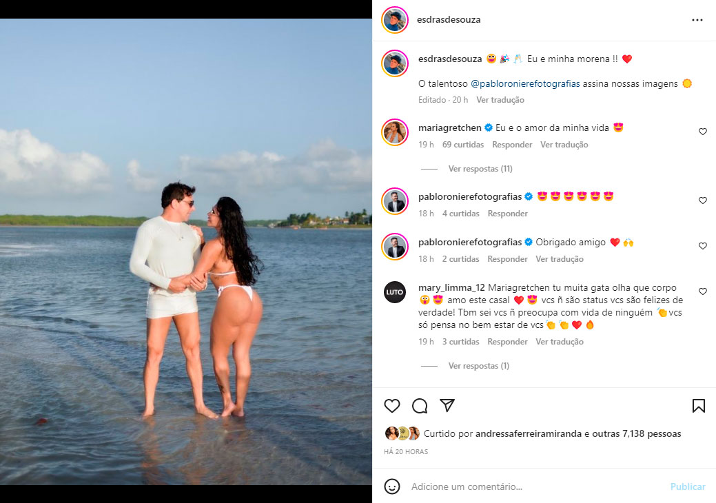 Esdras causou alvoroço ao mostrar Gretchen de fio dental na praia - Foto: Reprodução/ Instagram@esdrasdesouza