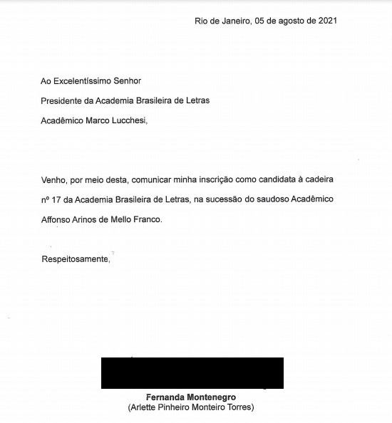 Carta de Fernanda Montenegro aceitando candidatura para a Academia Brasileira de Letras