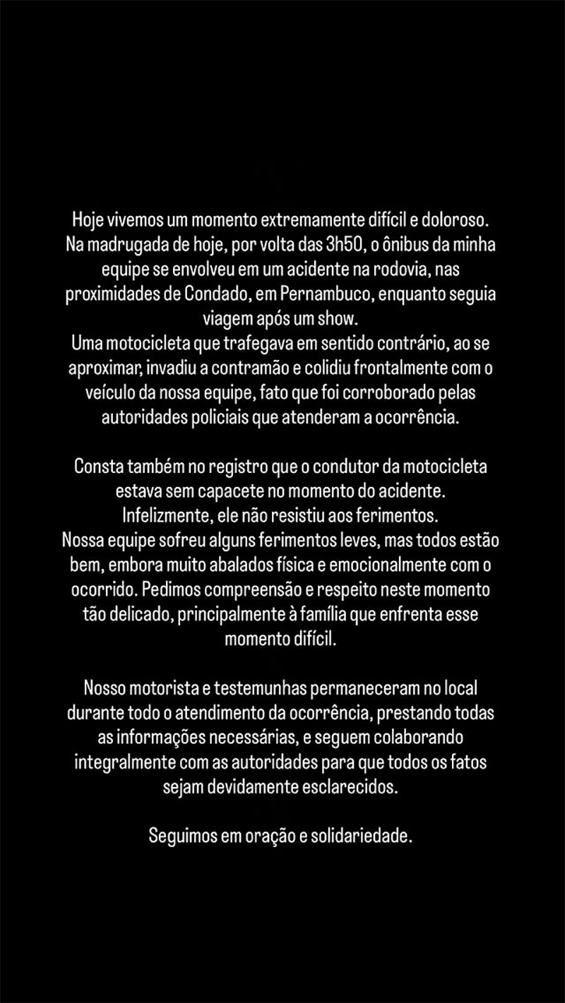 Flay se manifestou após acidente com ônibus de sua equipe - Foto: Reprodução/ Instagram@flay