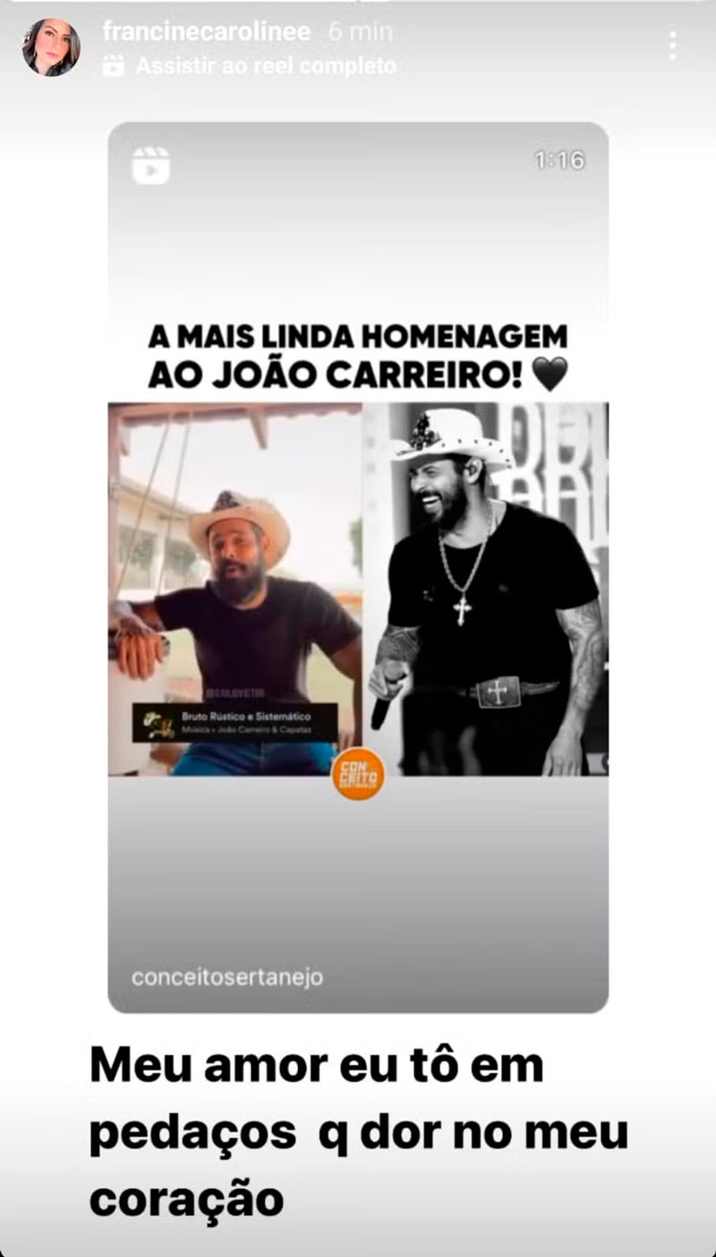 Viúva de João Carreiro desabafou no Instagram - Foto: Reprodução/ Instagram@francinecarolinee