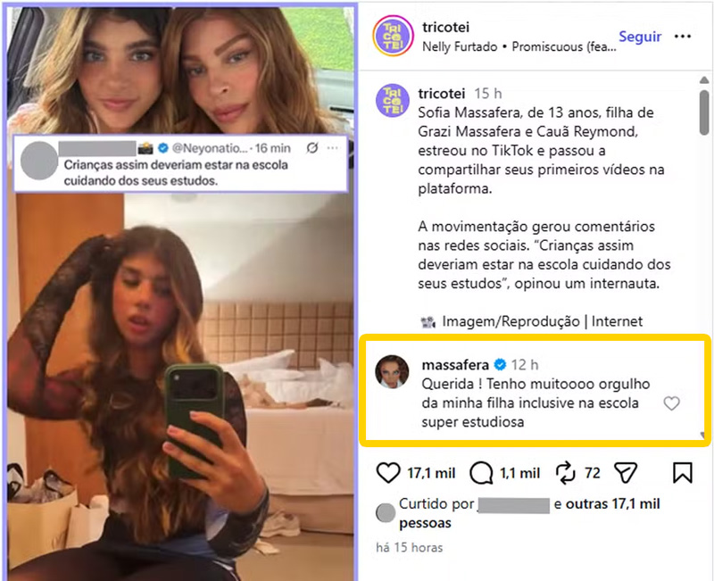 Grazi Massafera defendeu a filha nas redes sociais após crítica por vídeo - Foto: Reprodução/ Instagram