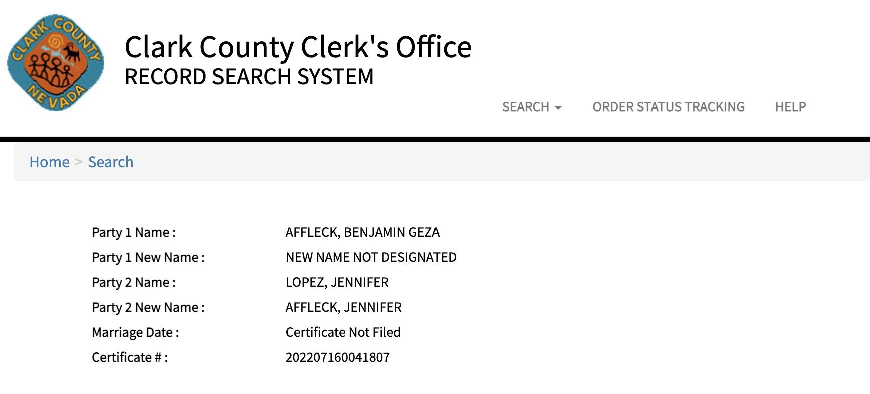 Registro comprova casamento de Ben Affleck e Jennifer Lopez - Foto: Clark County Clerks Office