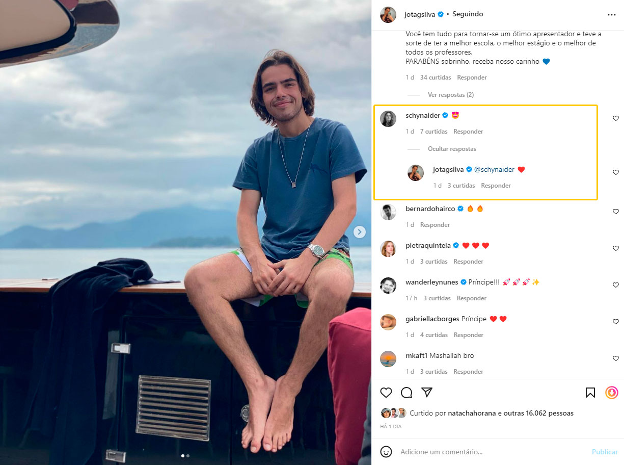 João Guilherme trocou emojis apaixonados com a modelo Schynaider Moura - Foto: Reprodução/ Instagram@jotagsilva