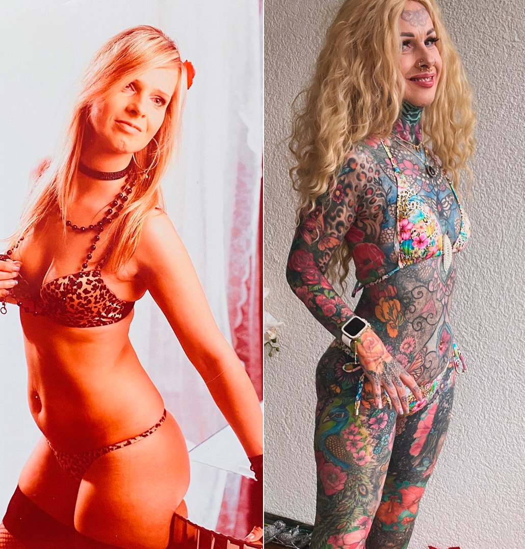 Kerstin Tristan mostrou antes e depois das tatuagens - Foto: Reprodução/ Instagram@tattoo_butterfly_flower