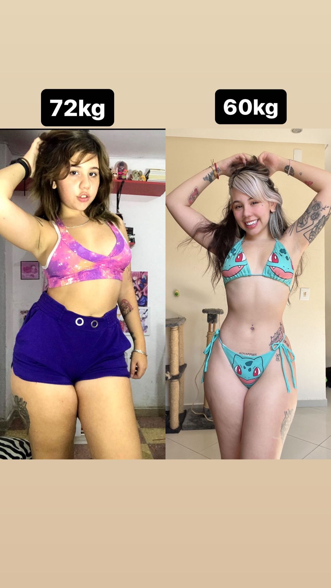 Kinechan mostrou antes e depois de eliminar peso - Foto: Reprodução/ Instagram@kinechan2.0
