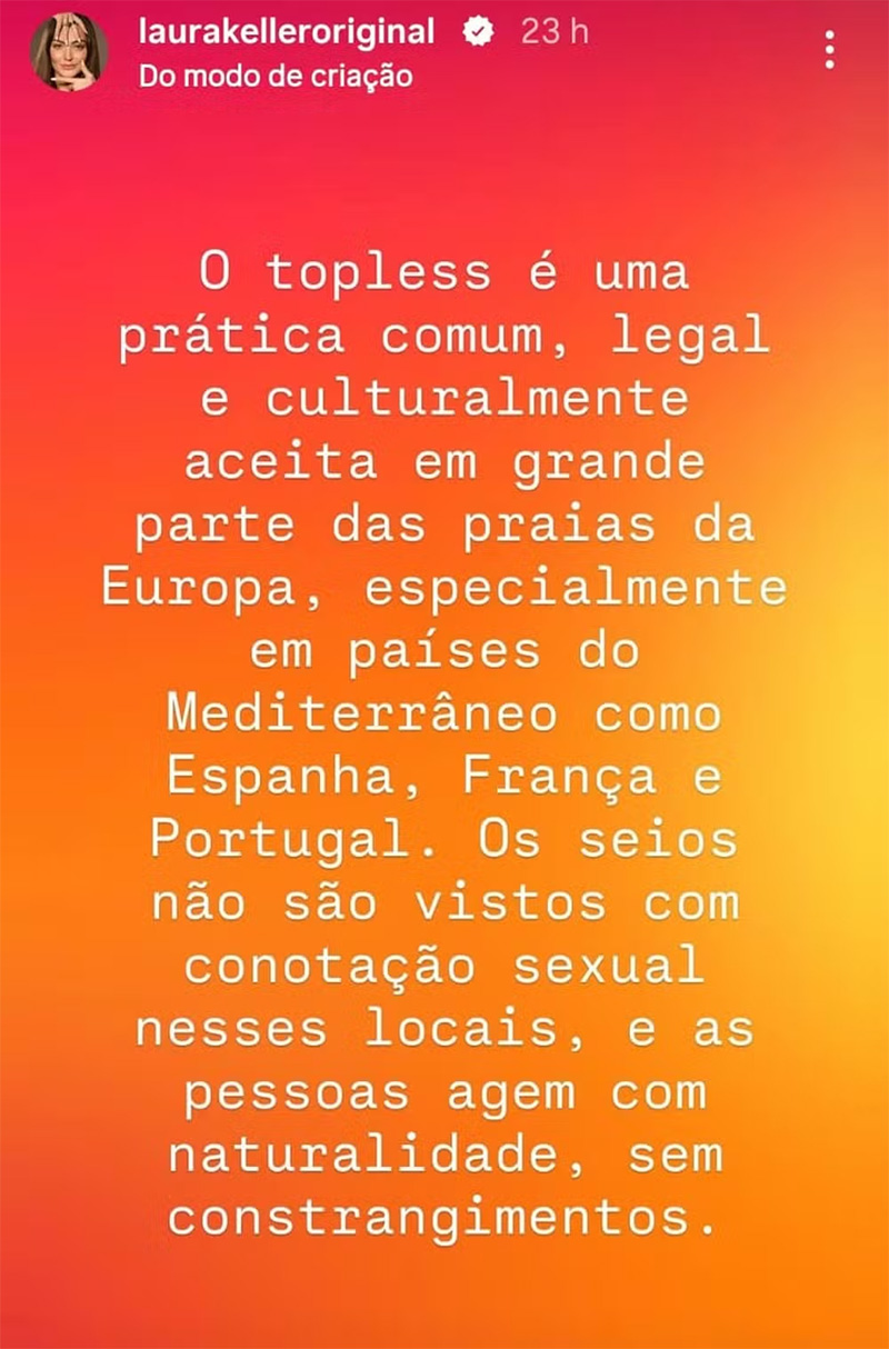Laura Keller rebateu críticas após topless em praia francesa - Foto: Reprodução/ Instagram@laurakelleroriginal