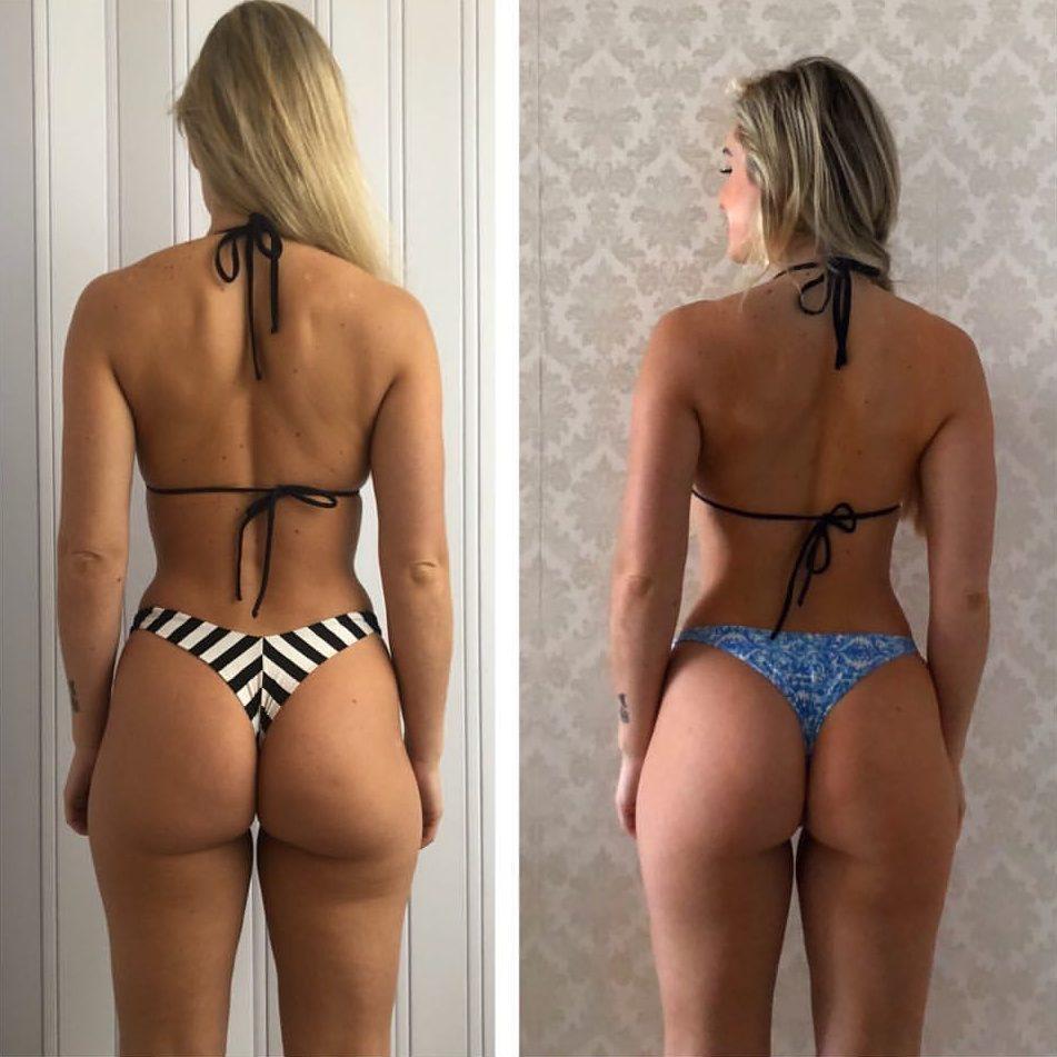 Jéssica Mueller mostrou na web o antes (à esquerda) e o depois de seu corpo...