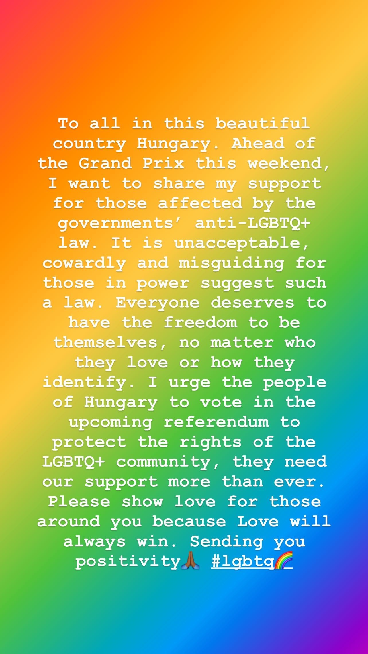 Lewis Hamilton se posiciona contra lei anti-LGBT na Hungria
