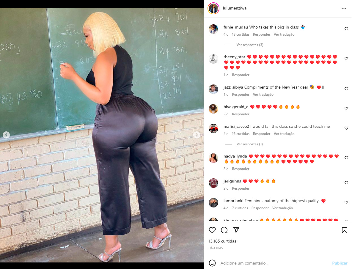 Buhle Menziwa voltou a ser criticada por “roupas inadequadas” na sala de aula - Foto: Reprodução/ Instagram@lulumenziwa