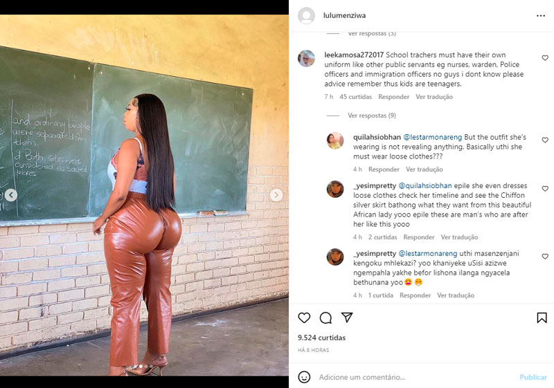 Buhle Menziwa voltou a ser criticada por “roupas inadequadas” na sala de aula - Foto: Reprodução/ Instagram@lulumenziwa