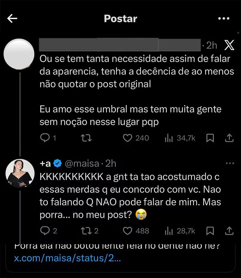 Maisa Silva rebateu comentários sobre sua aparência nas redes sociais - Foto: Reprodução/ X