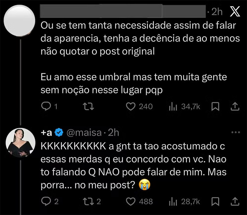 Maisa Silva rebateu comentários sobre sua aparência nas redes sociais - Foto: Reprodução/ X