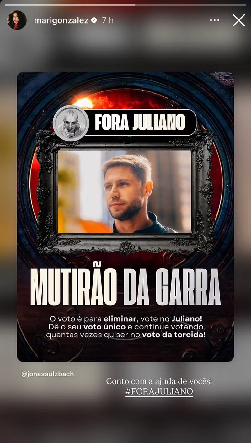 Mari Gonzalez faz mutirão para Jonas Sulzbach permanecer no “BBB26” - Foto: Reprodução/ Instagram@marigonzalez