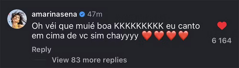 Marina Sena reagiu nas redes sociais após pedido de Chaiany