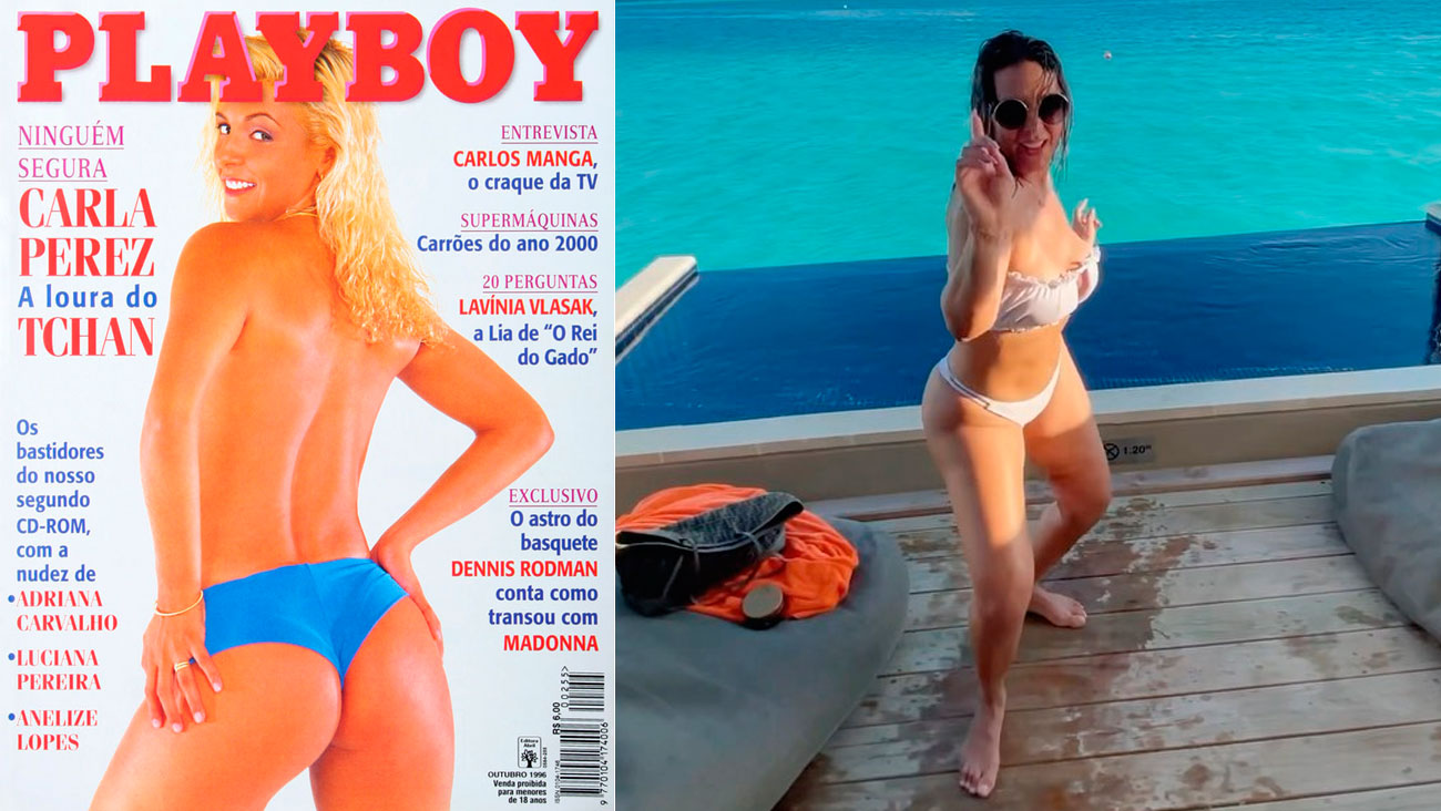 Carla Perez na capa da Playboy, em 1996, e em foto atual - Foto: Divulgação e Reprodução/ Instagram@carlaperez