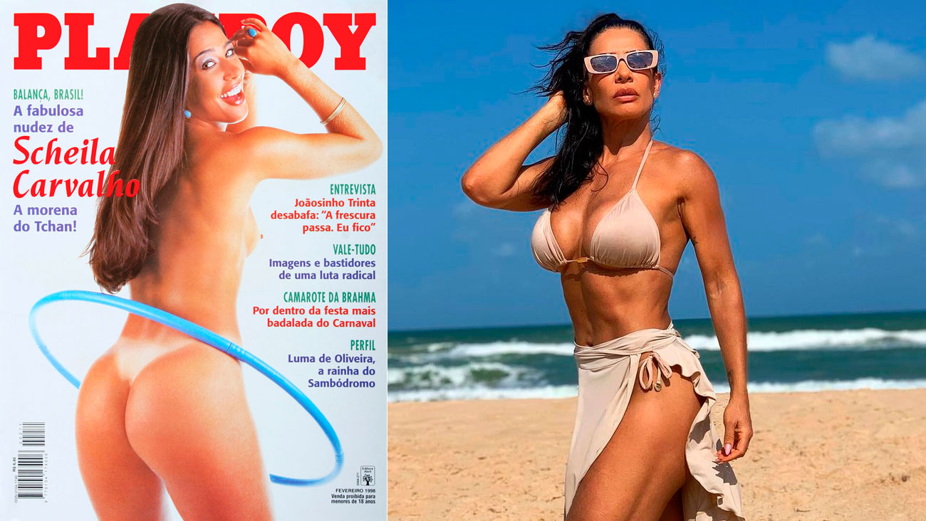 Scheila Carvalho na capa da Playboy, em 1998, e em foto atual – Foto: Divulgação e Reprodução/ Instagram@scheilacarvalhooficial