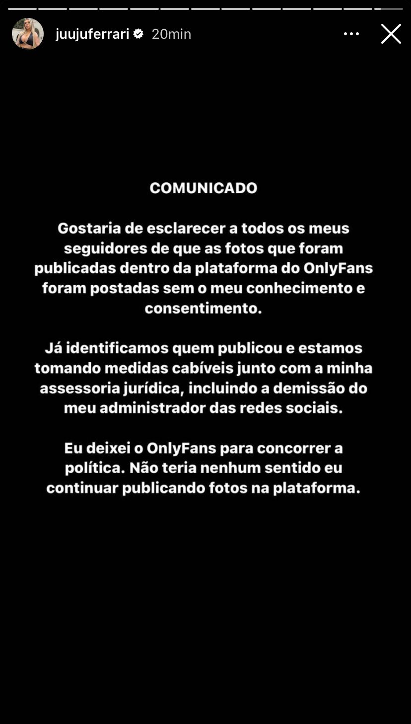 Comunicado de Juju Ferrari - Foto: Instagram